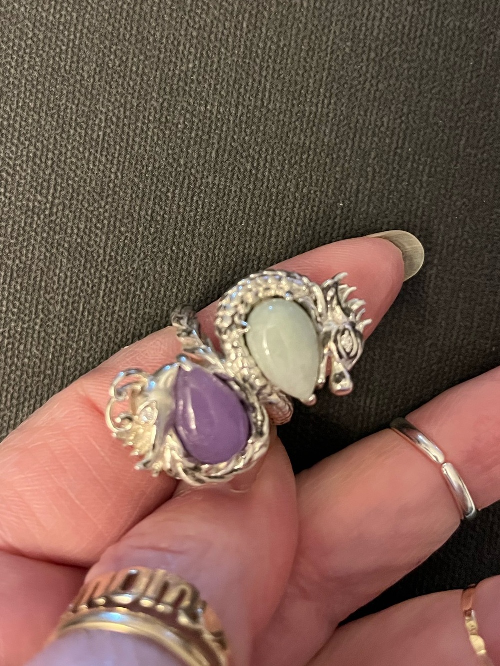 Jade of yesteryear two headed dragon ring with purple and green jade